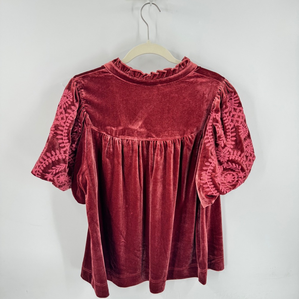 Umgee Velvet Top Burgundy Size L Boho Embroidered Puff Sleeve Victorian Romantic - Picture 2 of 9
